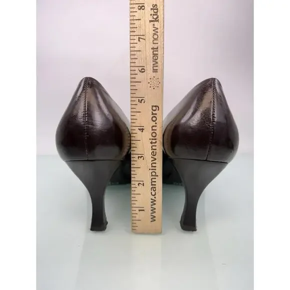 Vintage Franco Sarto Brown Leather Square Toe Kitten Heel Pumps 9.5M 90s Y2K - Picture 3 of 9